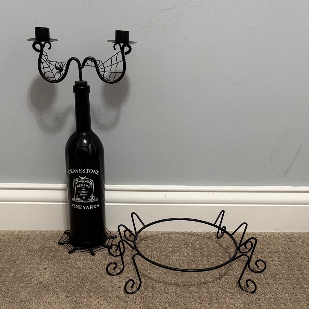 Black Metal Wine Bottle Candelabra Holder and spider base for pumpkin